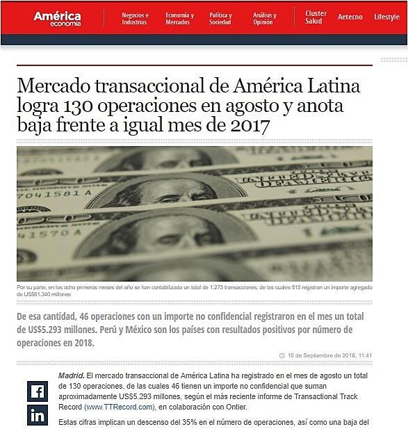 Mercado transaccional de Amrica Latina logra 130 operaciones en agosto y anota baja frente a igual mes de 2017